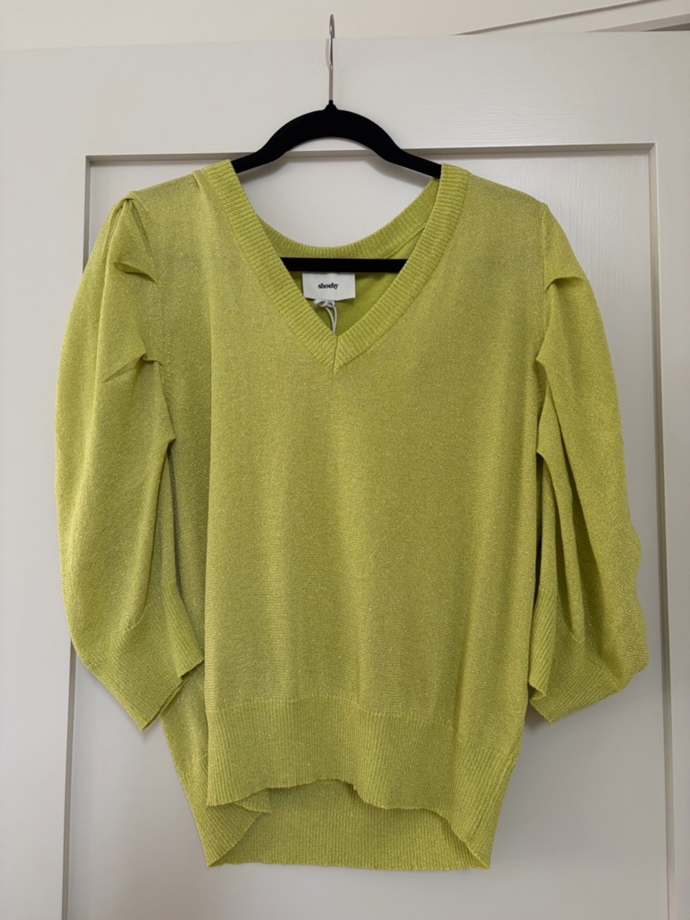 Shoeby Lime Green V-Neck Puff sleeve glitter top